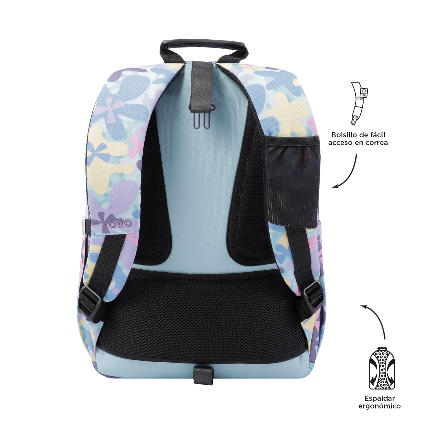 Mochila escolar adaptable a carro Totto Acuareles Flores Hawaianas - 44cm