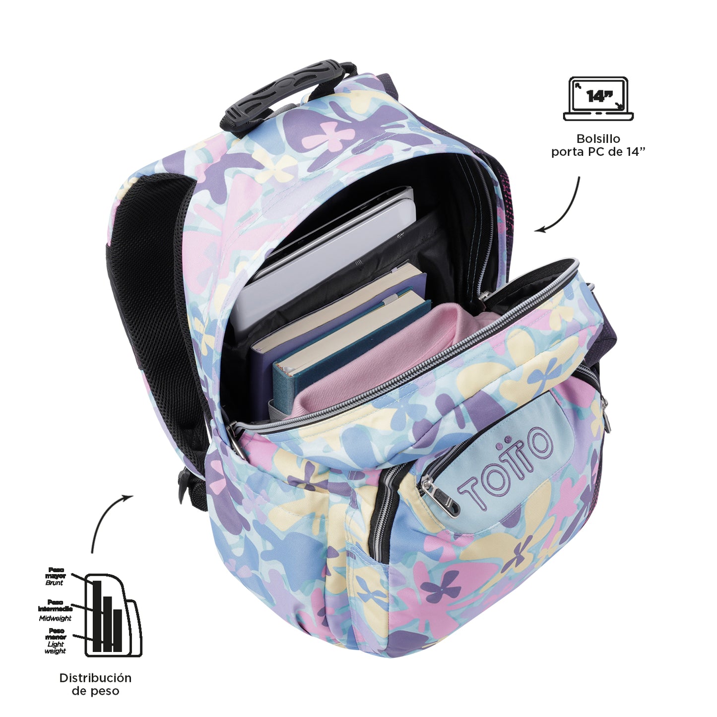 Mochila escolar adaptable a carro Totto Acuareles Flores Hawaianas - 44cm