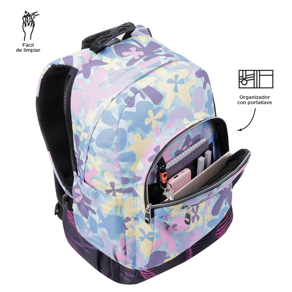 Mochila escolar adaptable a carro Totto Acuareles Flores Hawaianas - 44cm