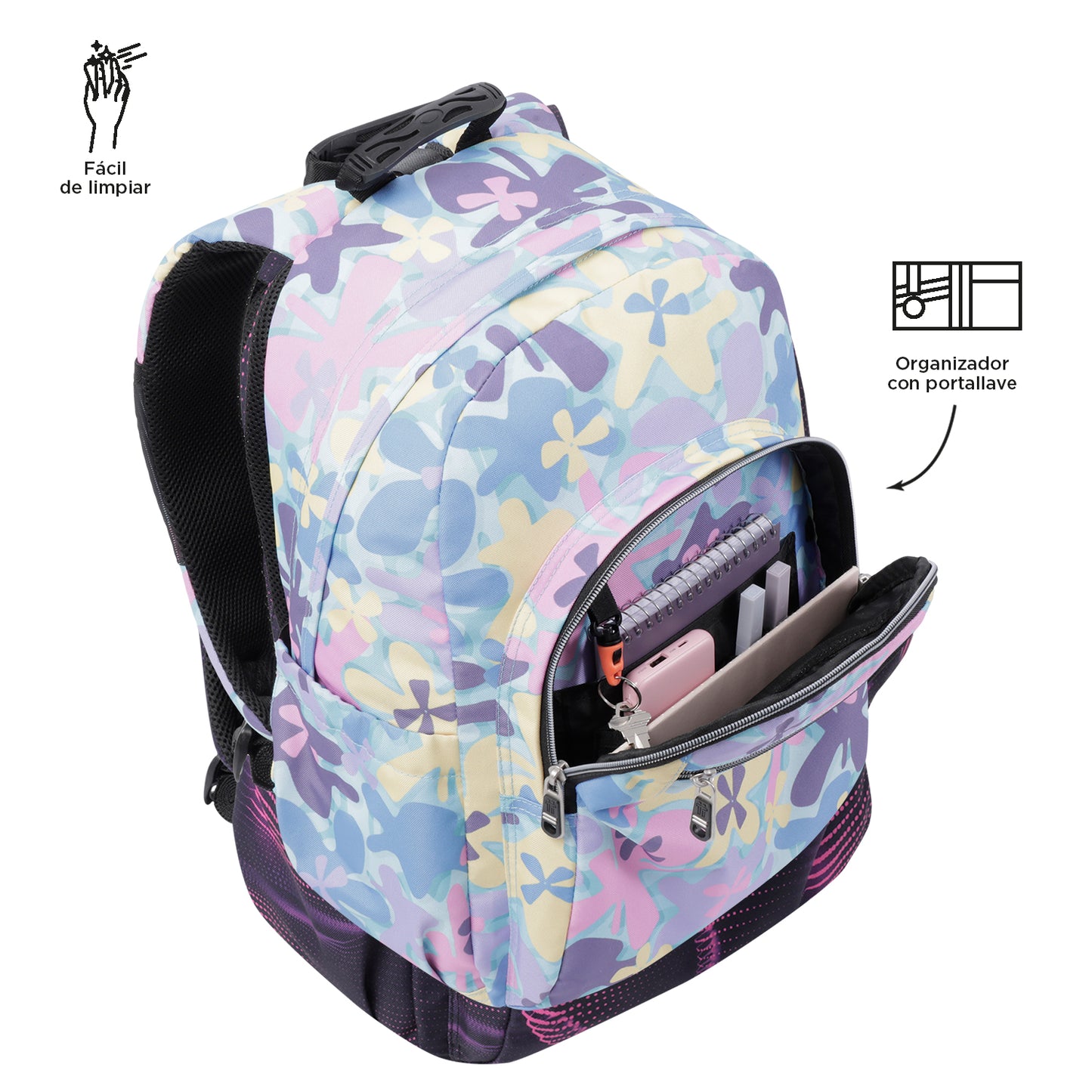 Mochila escolar adaptable a carro Totto Acuareles Flores Hawaianas - 44cm