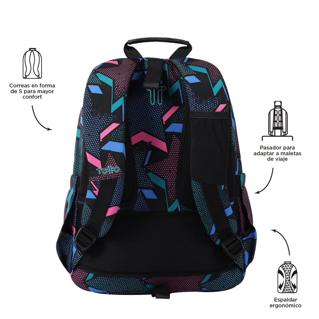 Mochila escolar adaptable a carro Totto Acuareles Lety Black - 44cm