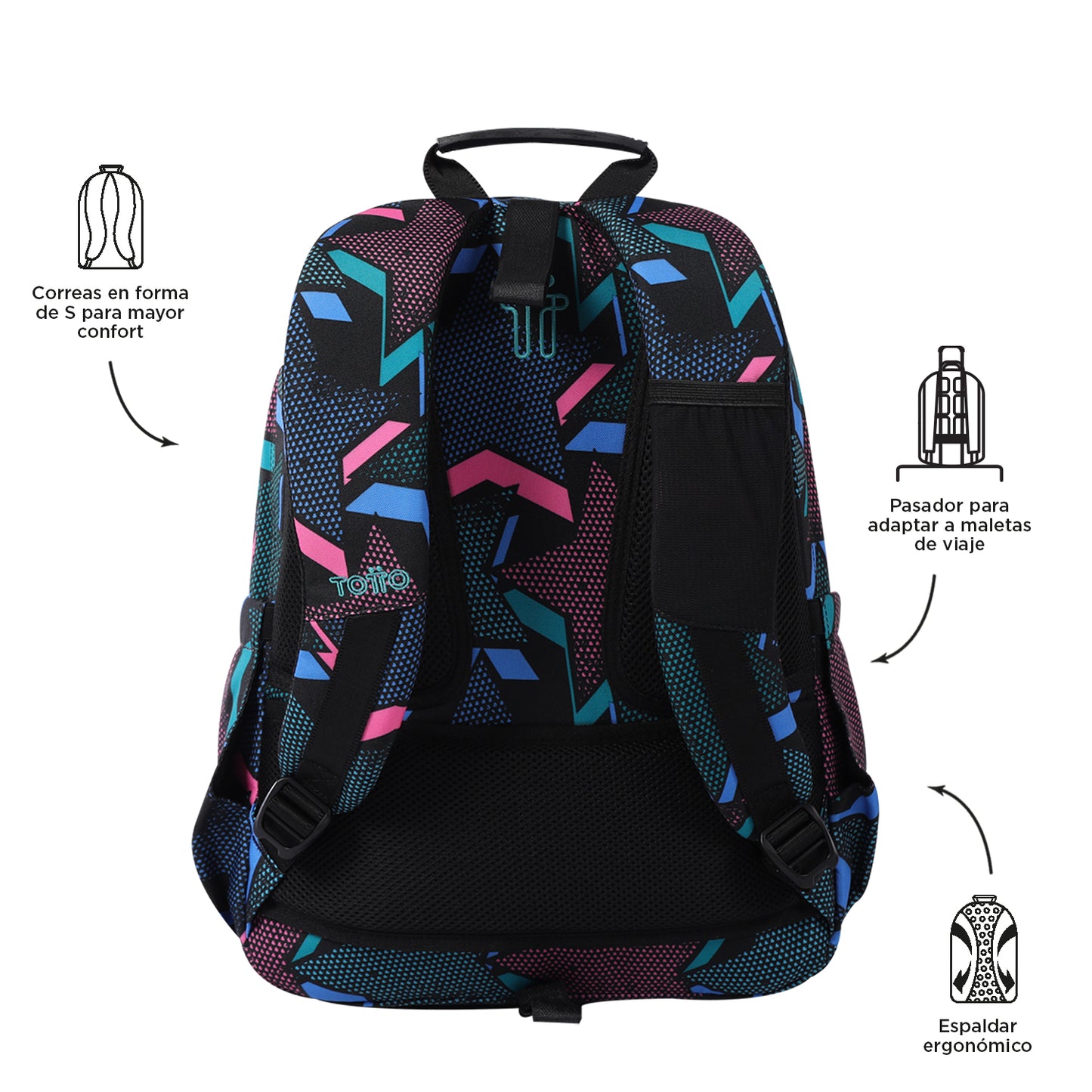 Mochila escolar adaptable a carro Totto Acuareles Lety Black - 44cm