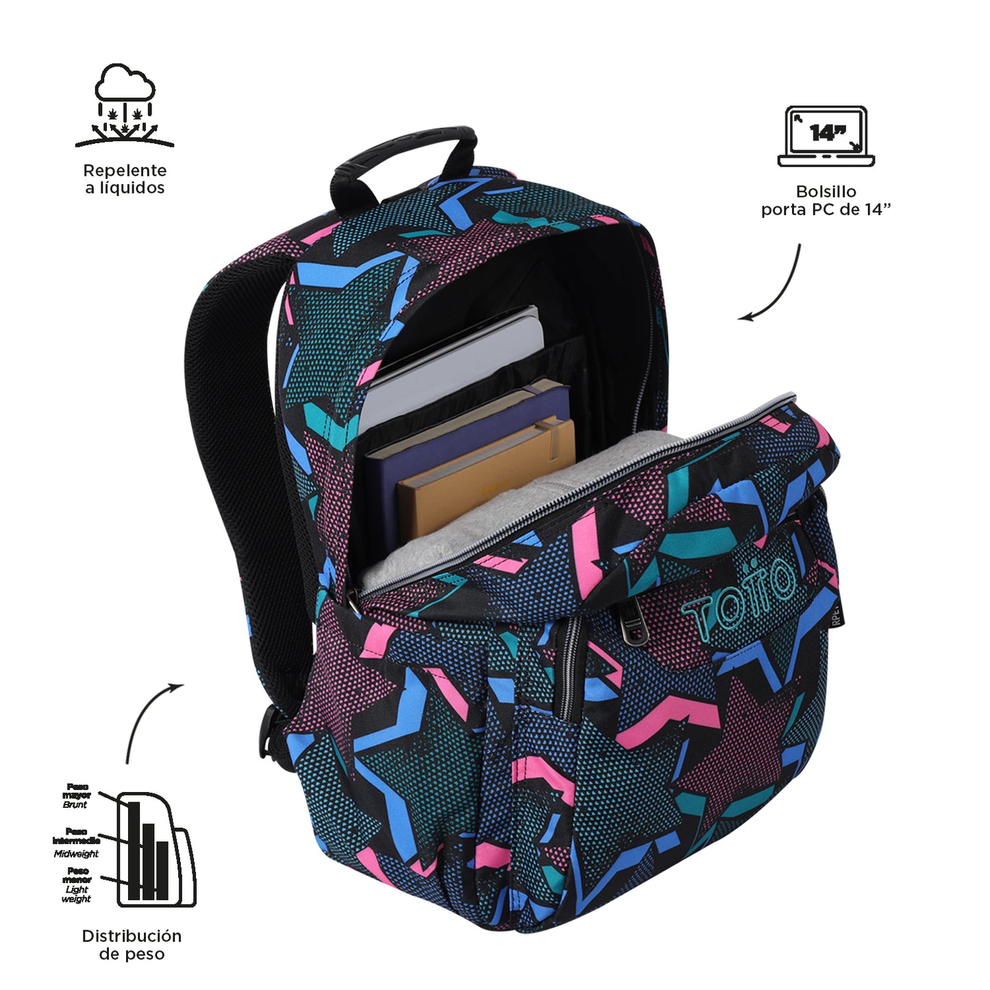 Mochila escolar adaptable a carro Totto Acuareles Lety Black - 44cm