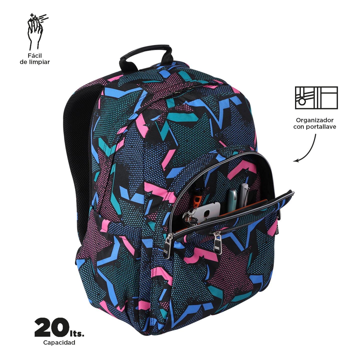 Mochila escolar adaptable a carro Totto Acuareles Lety Black - 44cm