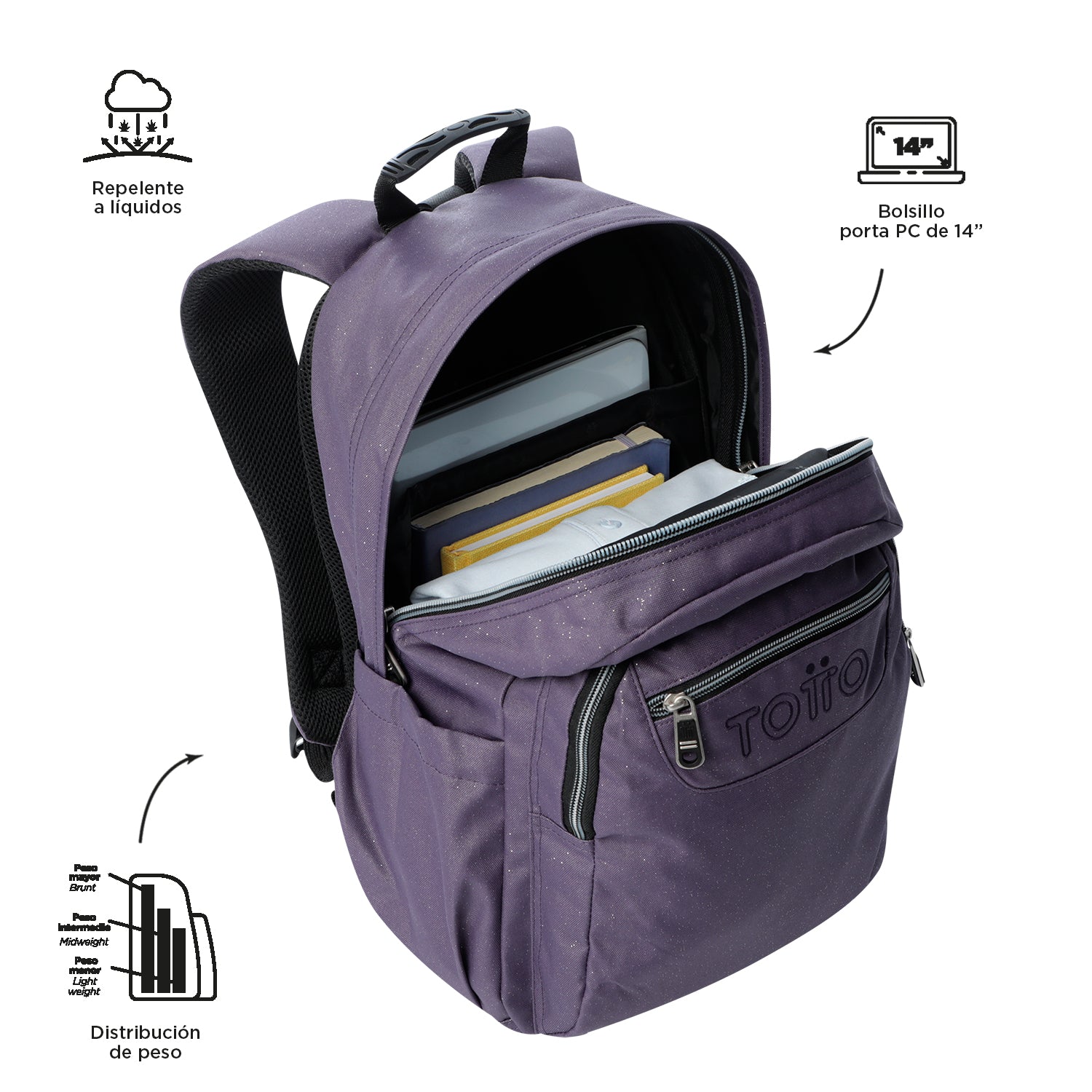 Mochila escolar adaptable a carro Totto Acuareles Glitter - 44cm