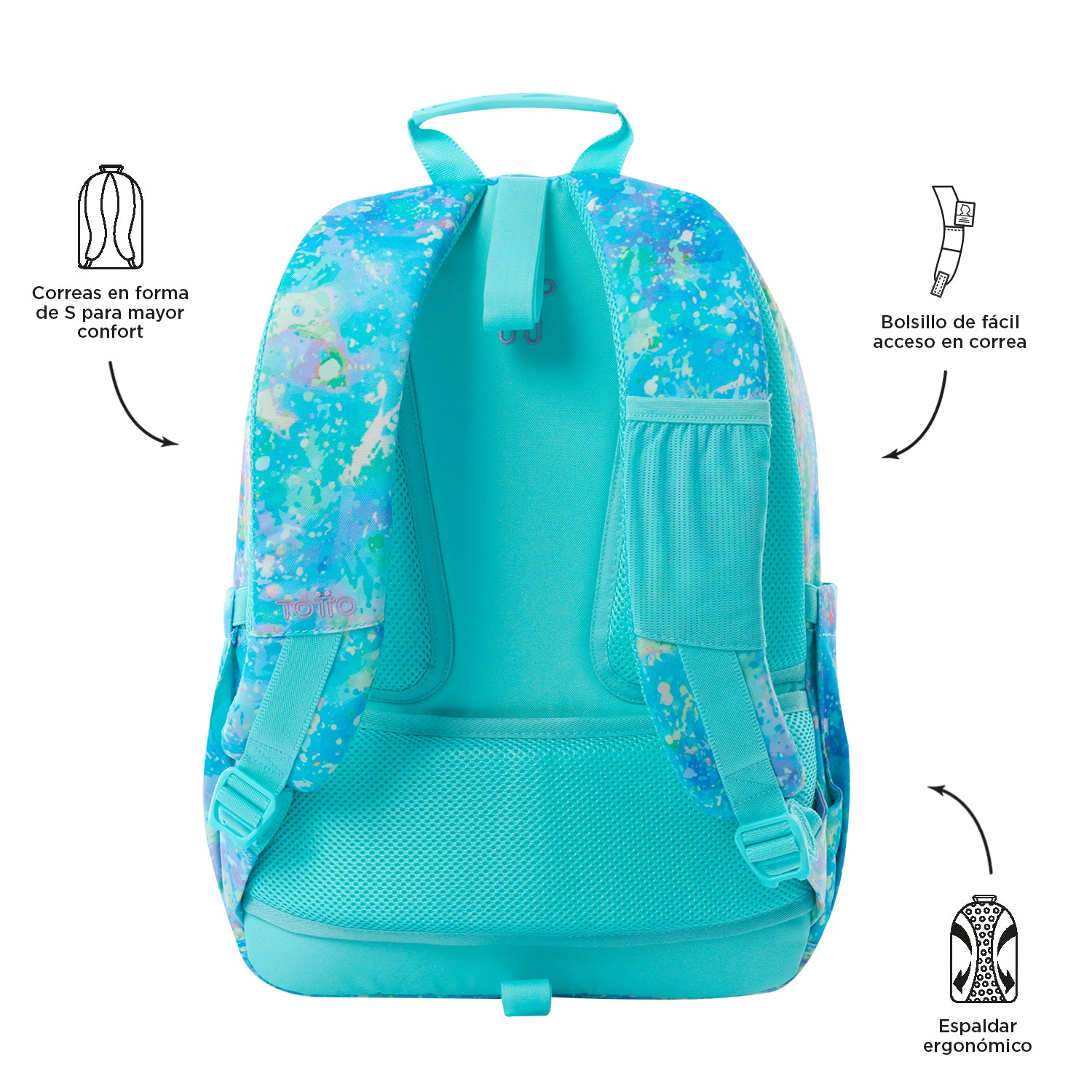 Mochila escolar adaptable a carro Totto Acuareles Glittep - 44cm