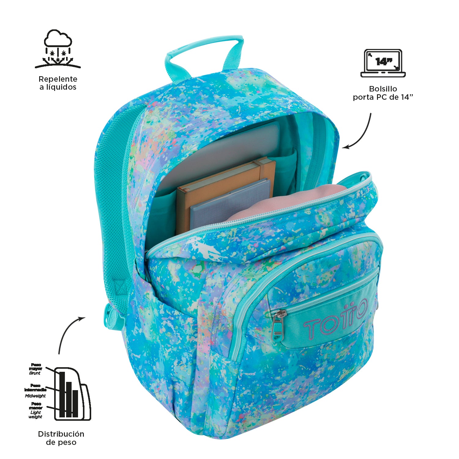 Mochila escolar adaptable a carro Totto Acuareles Glittep - 44cm